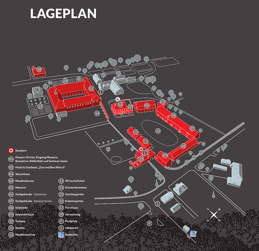 Übersicht über das Klostergelände mit Bezeichnungen der Gebäude